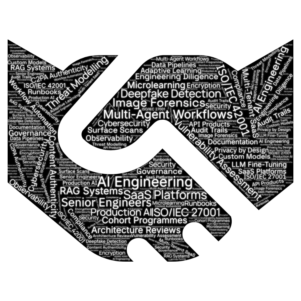 Two hands joined in a handshake — formed by Trivance's capabilities: AI Engineering, RAG Systems, Multi-Agent Workflows, SaaS Platforms, Image Forensics, Deepfake Detection, ISO/IEC 42001 and 27001, Microlearning, Senior Engineers, Cybersecurity, and more.